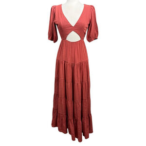 Runaway The Label Rust Maxi Dress Small Cutout Puff Sleeve Tiered Boho Chic